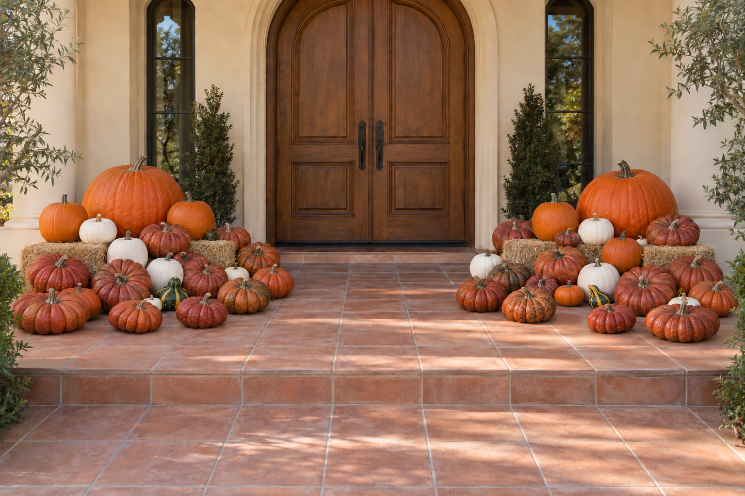 Pumpkin arrangement of a grand pumpkin arrangement around an arched doorway at a stucco estate