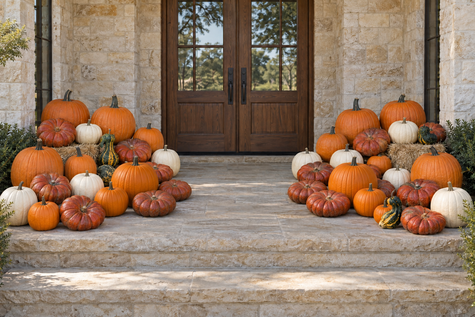 Pumpkin arrangement of a broad pumpkin arrangement at a limestone ranch with a cedar door