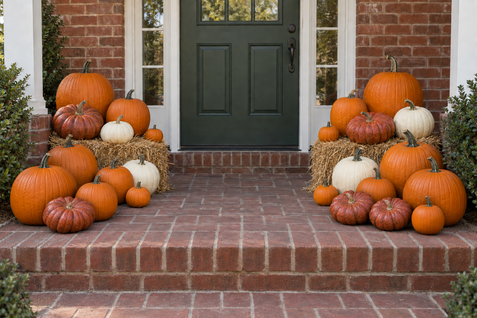 Pumpkin arrangement of a layered pumpkin display at a red brick home with a green door