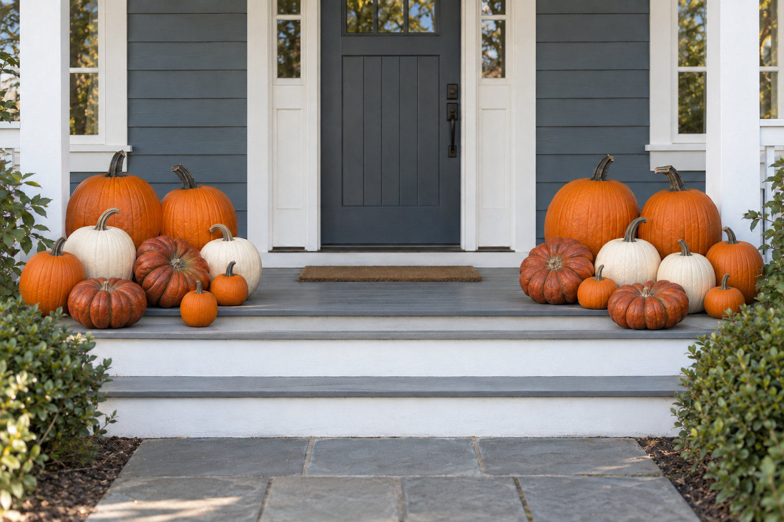 Pumpkin arrangement of two compact pumpkin clusters on a slate blue cottage porch