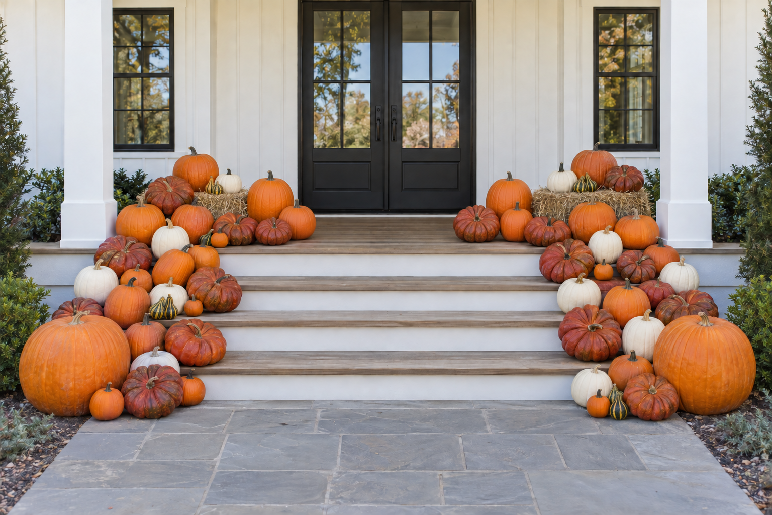 Pumpkin arrangement of a pumpkin display flowing down broad steps at a white farmhouse